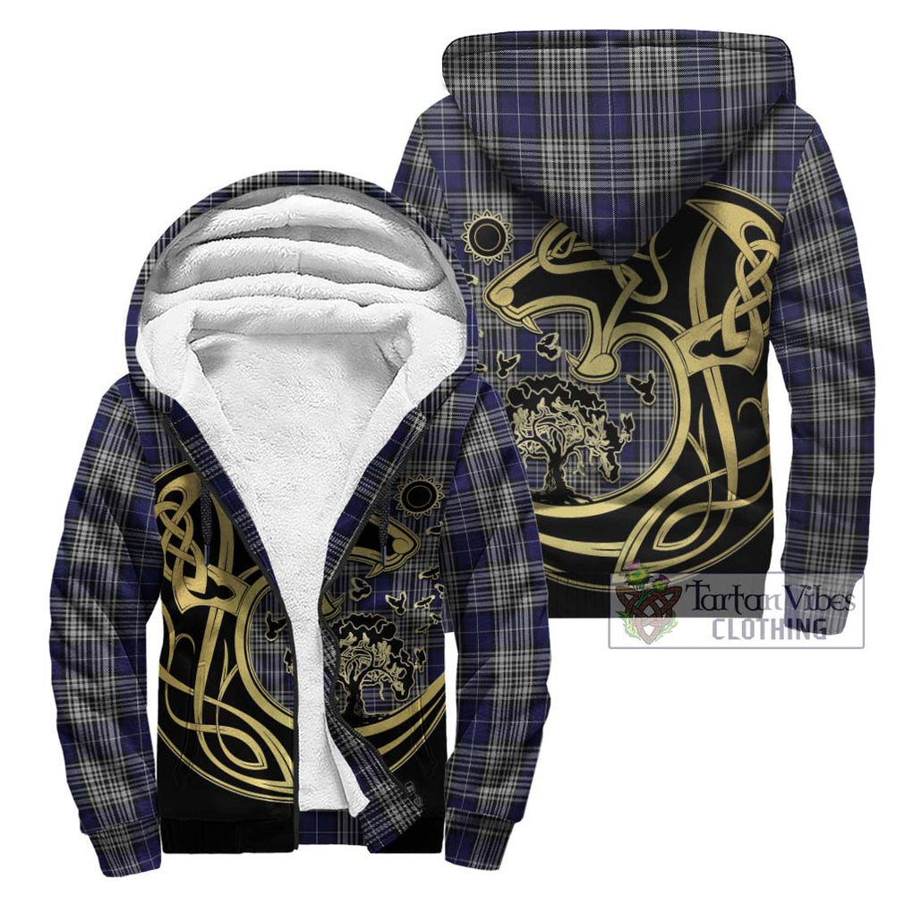 Napier Tartan Sherpa Hoodie with Family Crest Celtic Wolf Style Unisex - Tartan Vibes Clothing