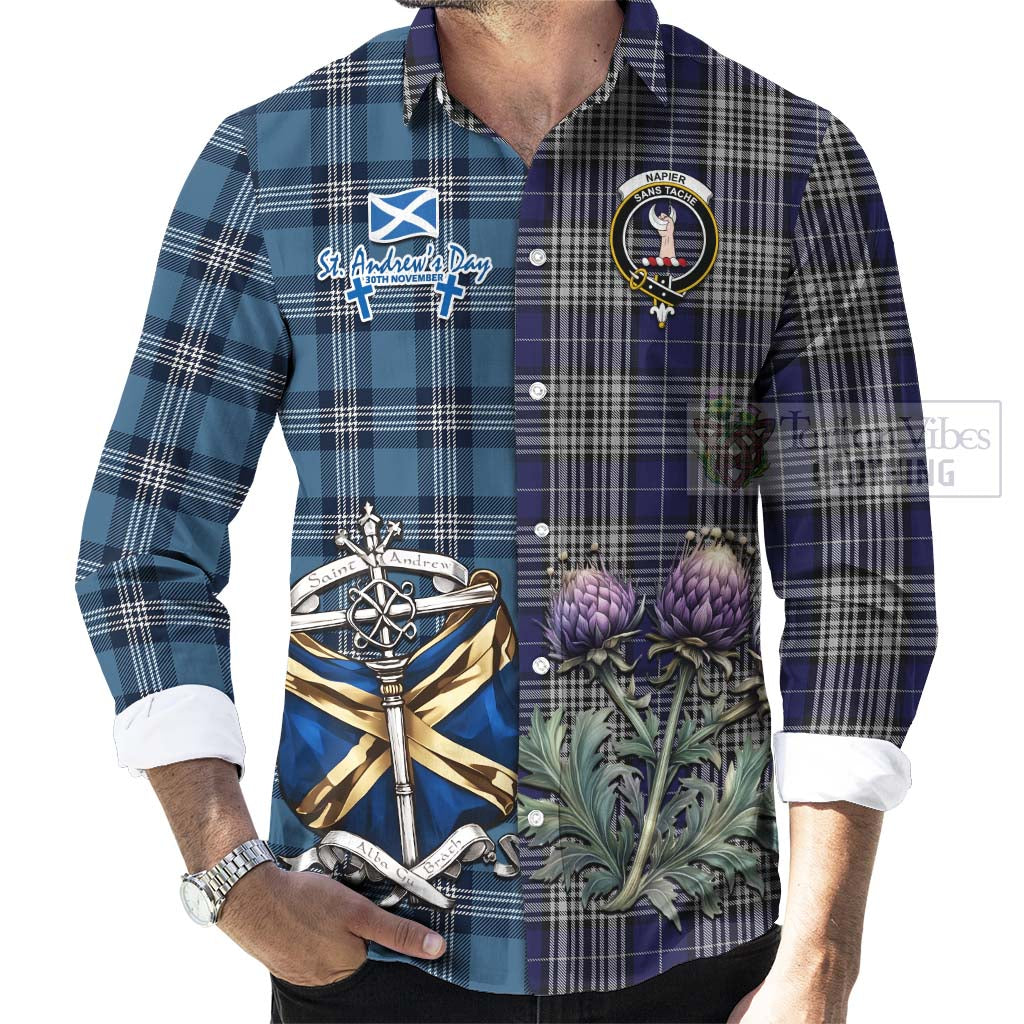 Tartan Vibes Clothing Napier Tartan Long Sleeve Button Shirt Happy St. Andrew's Day Half Tartan Style