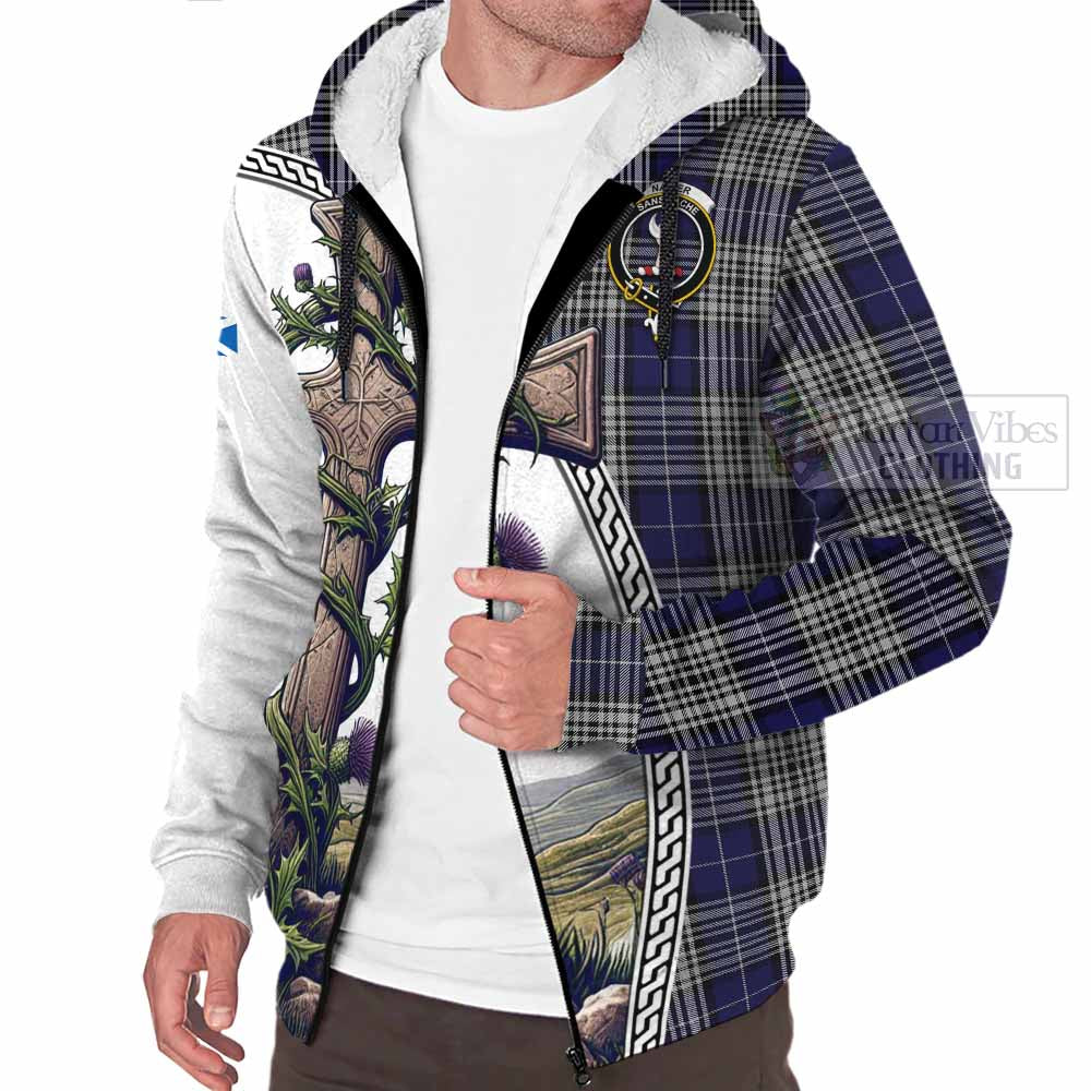 Tartan Vibes Clothing Napier Tartan Sherpa Hoodie with Family Crest and St. Andrew's Cross Accented by Thistle Vines