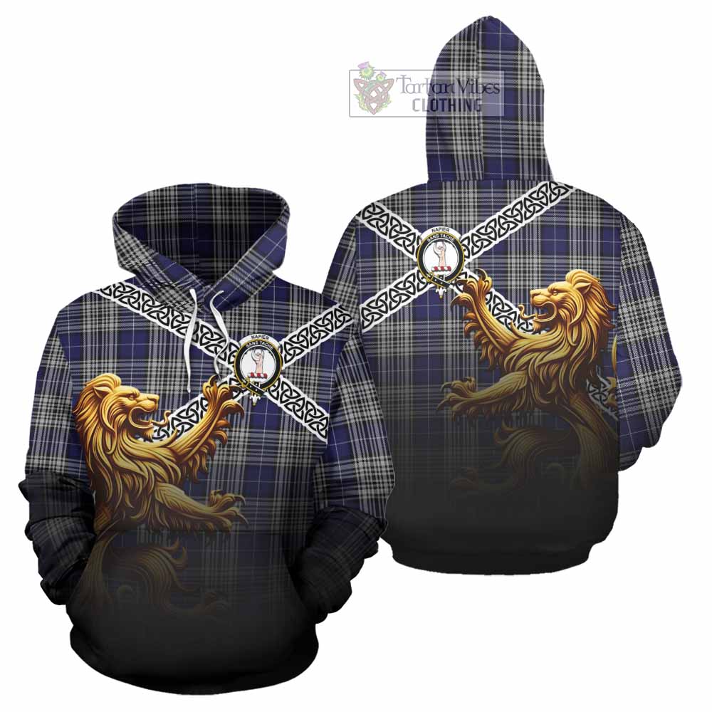 Tartan Vibes Clothing Napier Crest Tartan Hoodie with Golden Lion Emblem Celtic Style