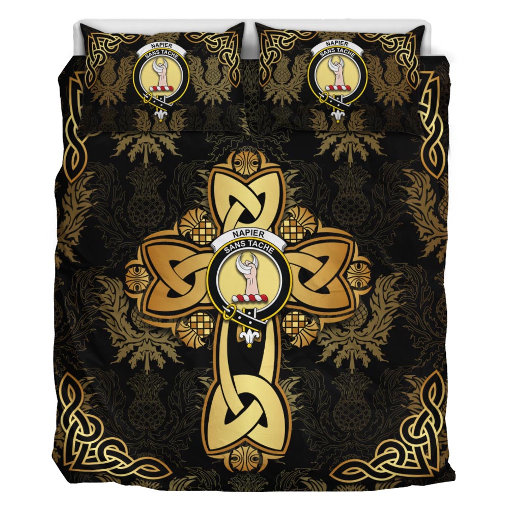 Napier Clan Bedding Sets Gold Thistle Celtic Style - Tartanvibesclothing