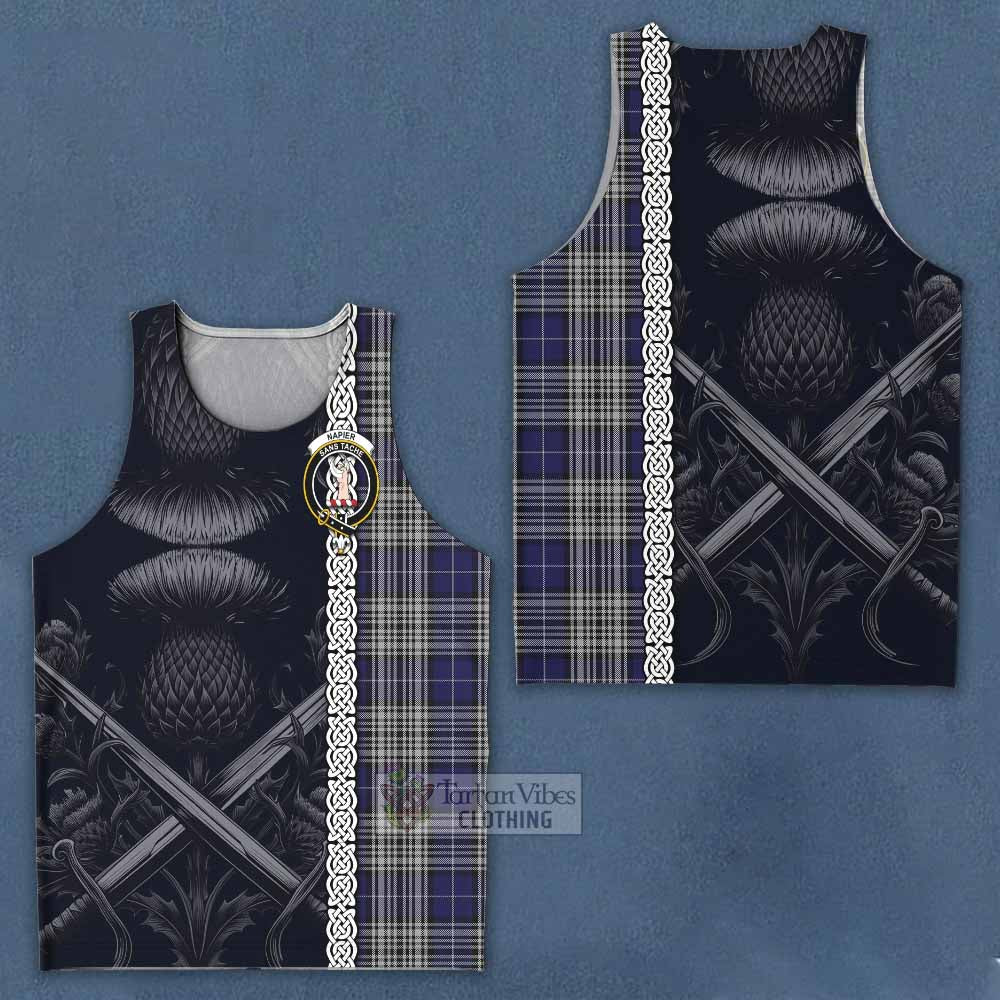 Tartan Vibes Clothing Napier Tartan Men's Tank Top with Family Crest Cross Sword Thistle Celtic Vibes