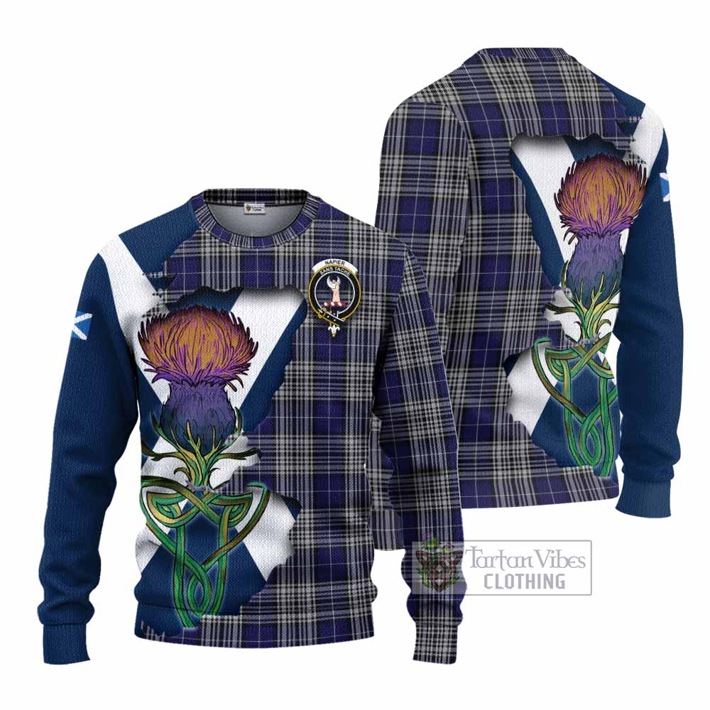 Tartan Vibes Clothing Napier Tartan Family Crest Knitted Sweater Scottish Thistle Celtic Inspired