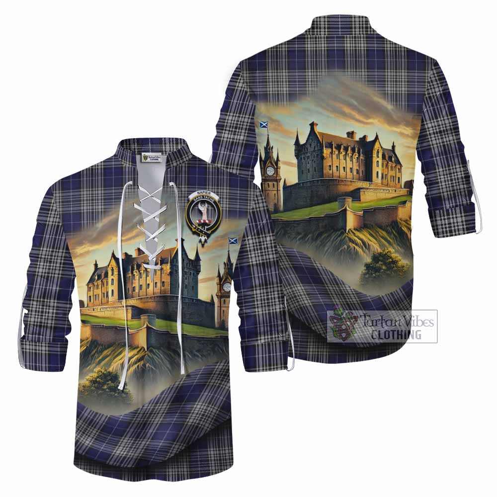 Tartan Vibes Clothing Napier Tartan Family Crest Ghillie Kilt Shirt with Scottish Ancient Castle Style