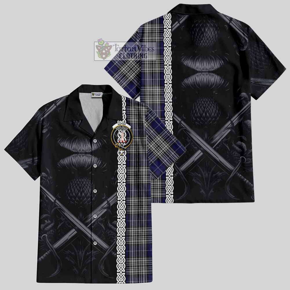 Tartan Vibes Clothing Napier Tartan Short Sleeve Button Shirt with Family Crest Cross Sword Thistle Celtic Vibes