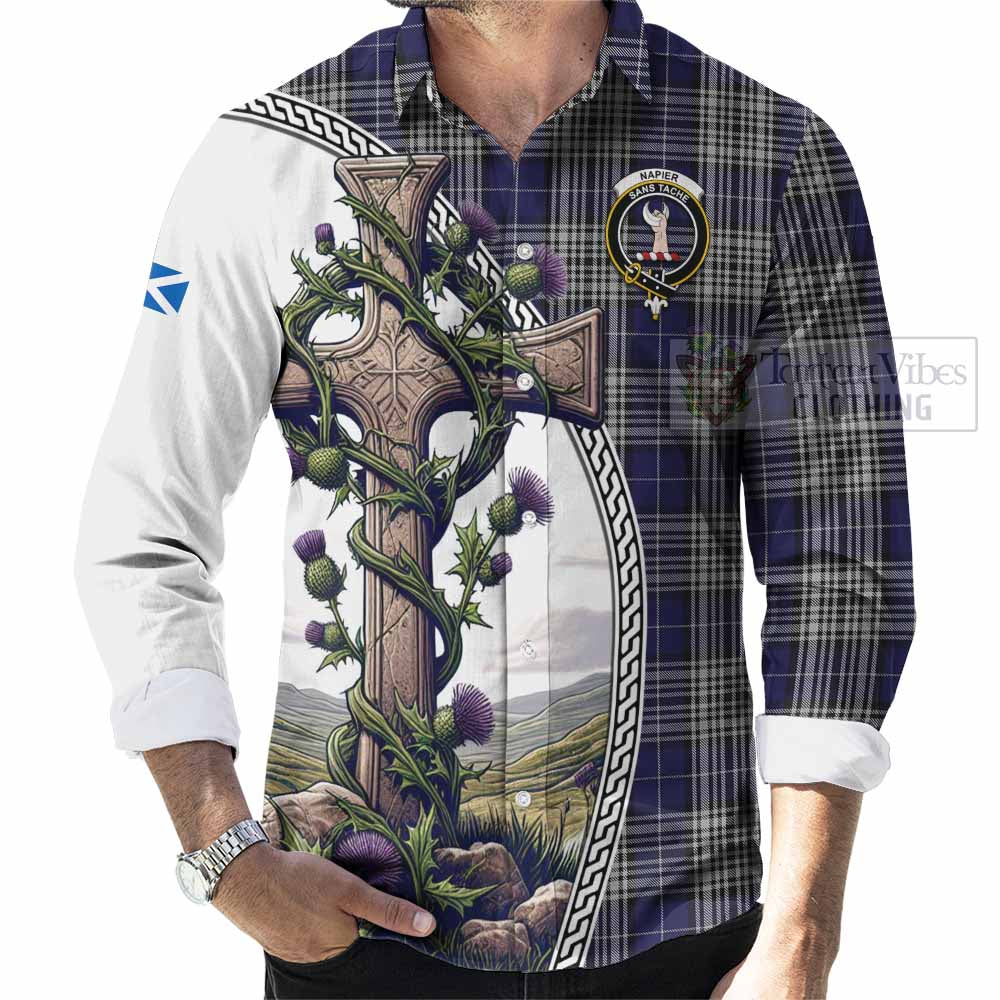 Tartan Vibes Clothing Napier Tartan Long Sleeve Button Shirt with Family Crest and St. Andrew's Cross Accented by Thistle Vines