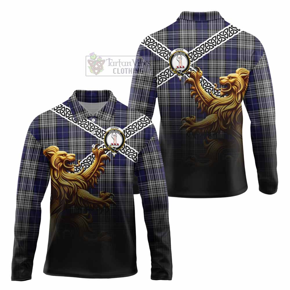 Tartan Vibes Clothing Napier Crest Tartan Long Sleeve Polo Shirt with Golden Lion Emblem Celtic Style