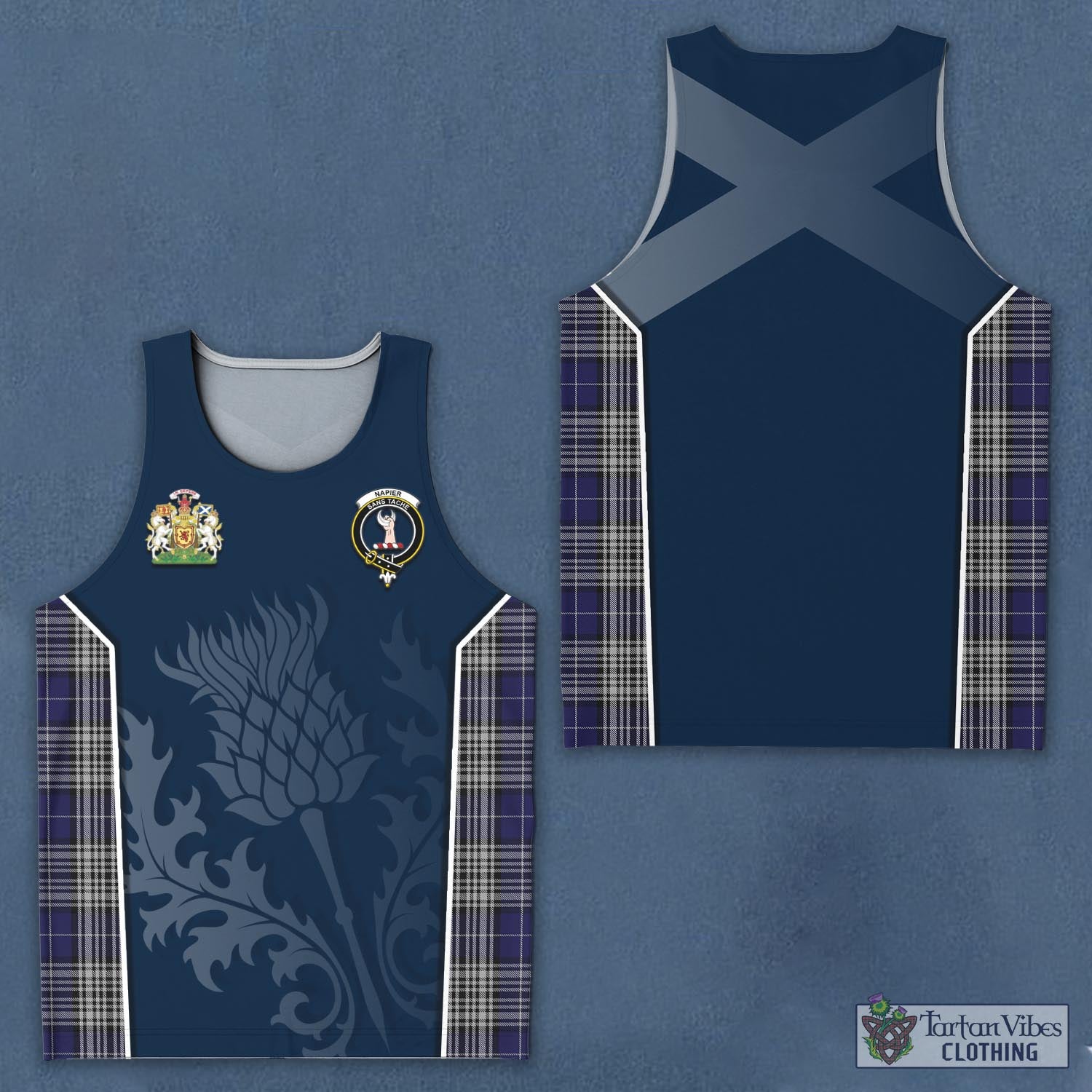 Tartan Vibes Clothing Napier Tartan Men's Tanks Top with Family Crest and Scottish Thistle Vibes Sport Style