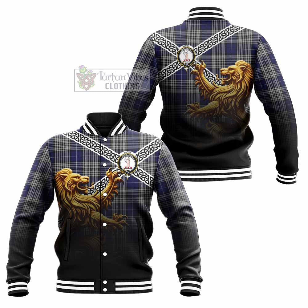 Tartan Vibes Clothing Napier Crest Tartan Baseball Jacket with Golden Lion Emblem Celtic Style