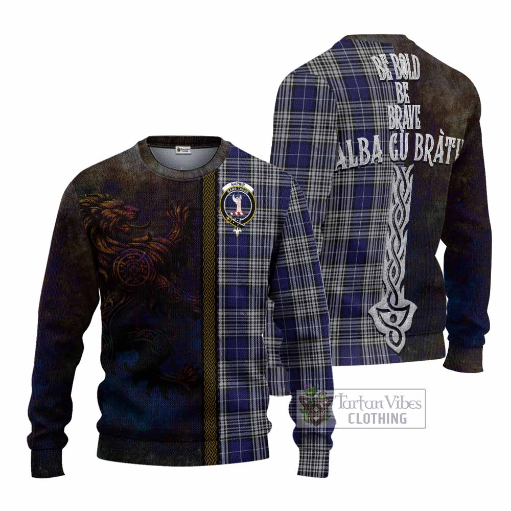Tartan Vibes Clothing Napier Tartan Family Crest Knitted Sweater Alba Gu Brath Be Brave Lion Ancient Style