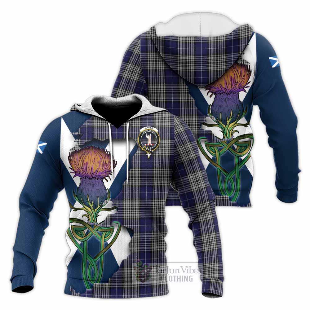 Tartan Vibes Clothing Napier Tartan Family Crest Knitted Hoodie Scottish Thistle Celtic Inspired
