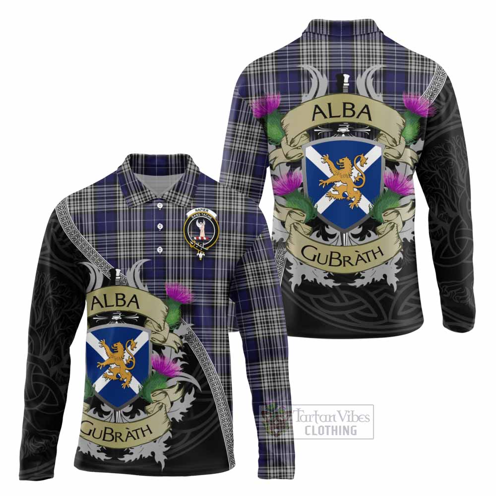 Tartan Vibes Clothing Napier Tartan Family Crest Long Sleeve Polo Shirt Lion Rampant Royal Thistle Shield Celtic Inspired