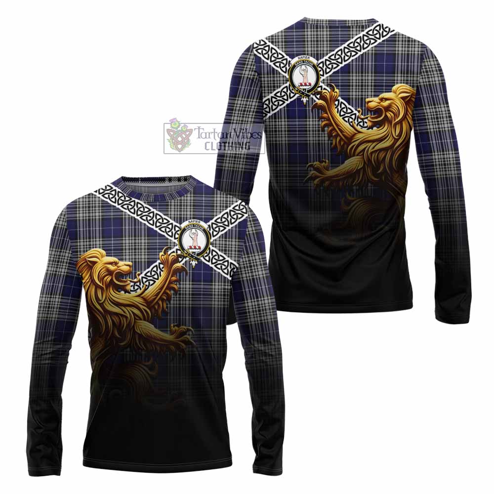 Tartan Vibes Clothing Napier Crest Tartan Long Sleeve T-Shirt with Golden Lion Emblem Celtic Style