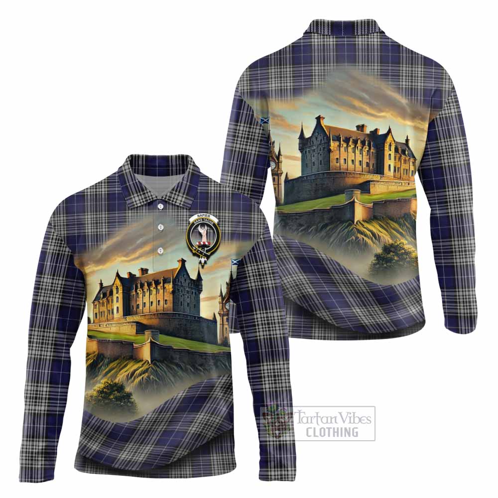 Tartan Vibes Clothing Napier Tartan Family Crest Long Sleeve Polo Shirt with Scottish Ancient Castle Style