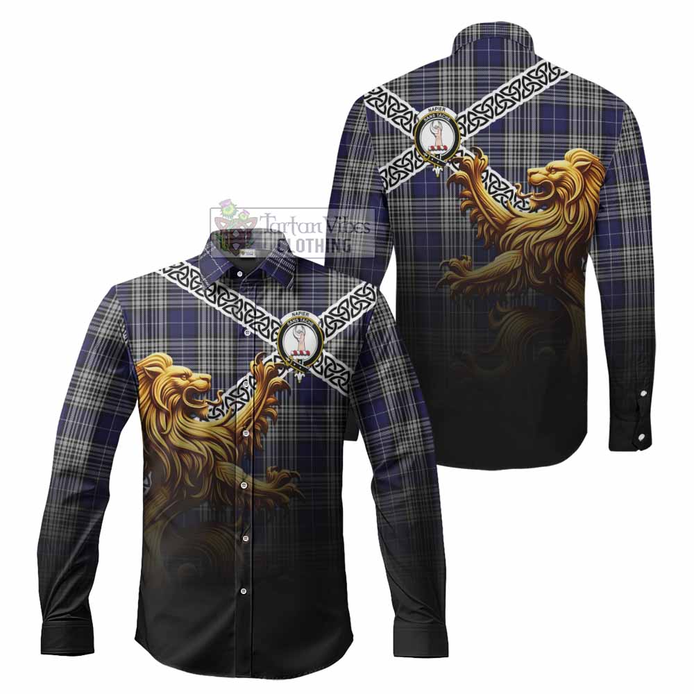 Tartan Vibes Clothing Napier Crest Tartan Long Sleeve Button Shirt with Golden Lion Emblem Celtic Style