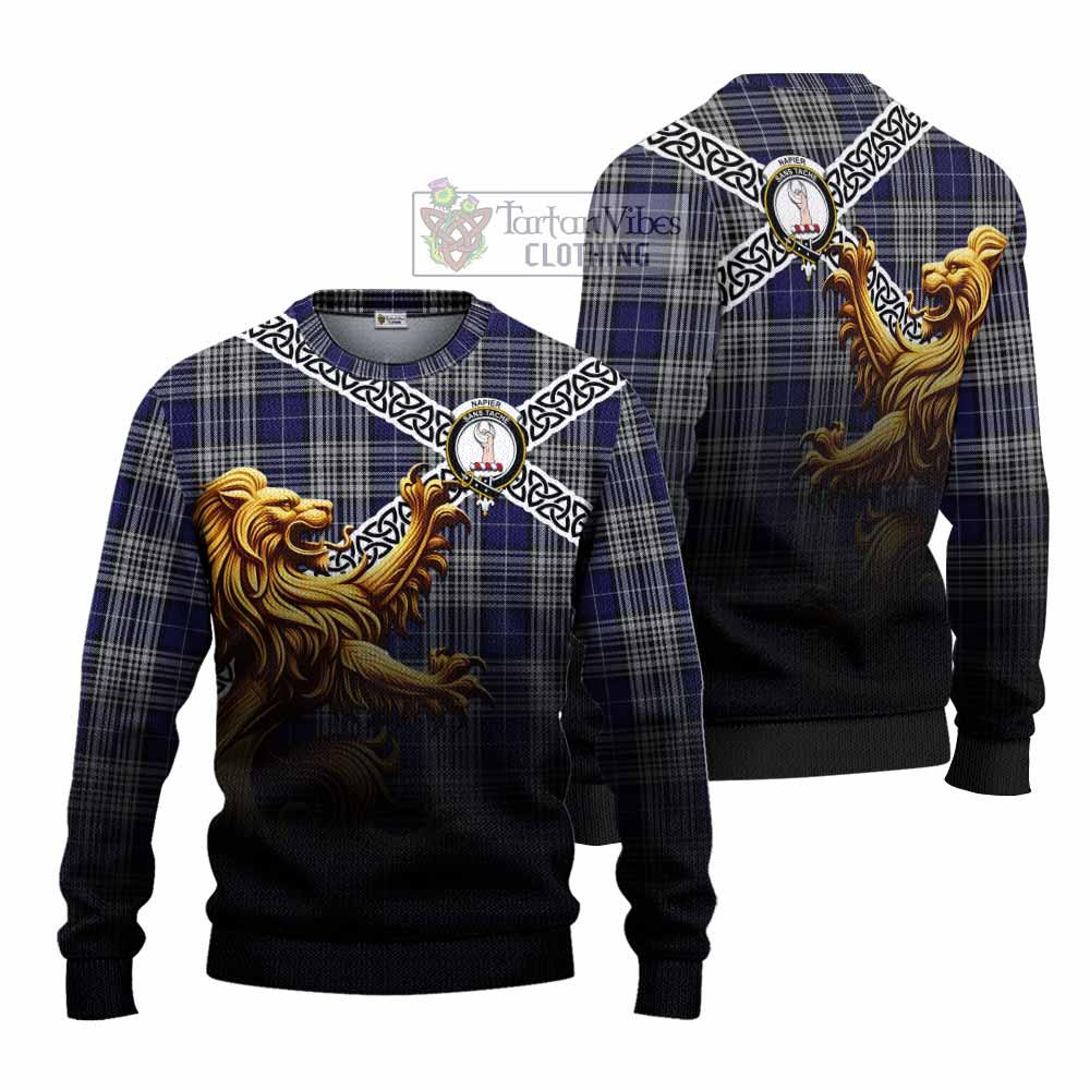Tartan Vibes Clothing Napier Crest Tartan Knitted Sweater with Golden Lion Emblem Celtic Style