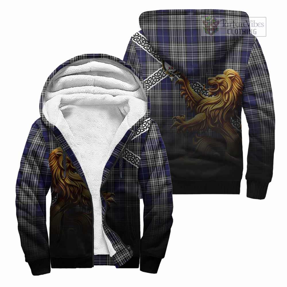 Tartan Vibes Clothing Napier Crest Tartan Sherpa Hoodie with Golden Lion Emblem Celtic Style