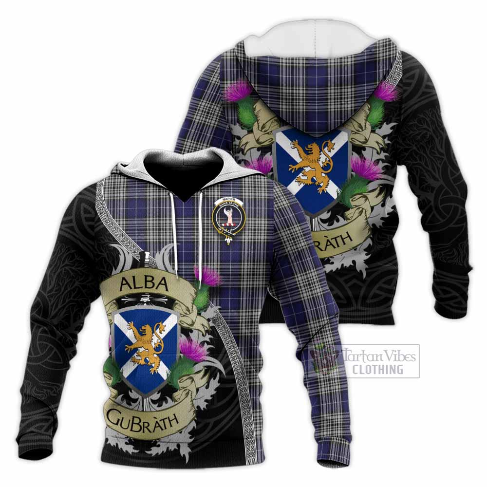 Tartan Vibes Clothing Napier Tartan Family Crest Knitted Hoodie Lion Rampant Royal Thistle Shield Celtic Inspired