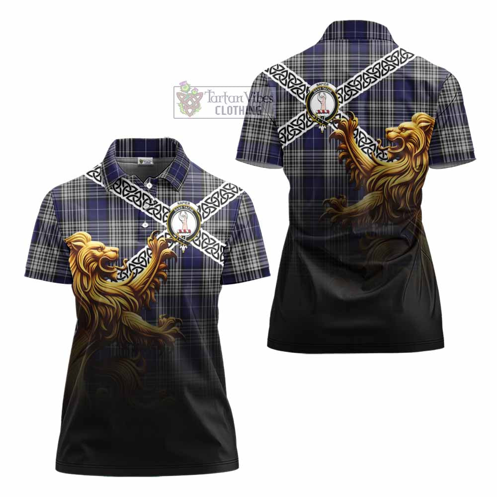 Tartan Vibes Clothing Napier Crest Tartan Women's Polo Shirt with Golden Lion Emblem Celtic Style