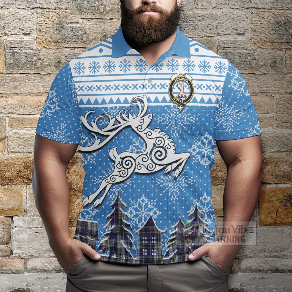 Tartan Vibes Clothing Napier Clan Christmas Polo Shirt Celtic Reindeer Style