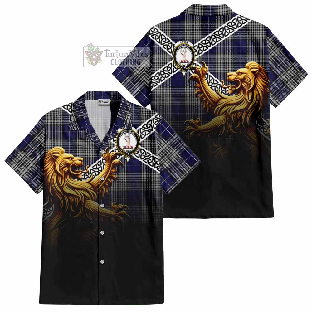 Tartan Vibes Clothing Napier Crest Tartan Short Sleeve Button Shirt with Golden Lion Emblem Celtic Style