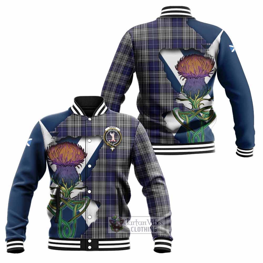 Tartan Vibes Clothing Napier Tartan Family Crest Baseball Jacket Scottish Thistle Celtic Inspired
