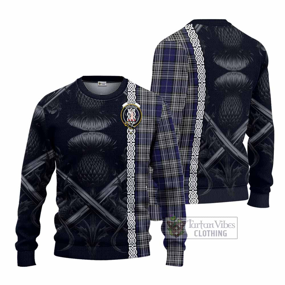 Tartan Vibes Clothing Napier Tartan Knitted Sweater with Family Crest Cross Sword Thistle Celtic Vibes
