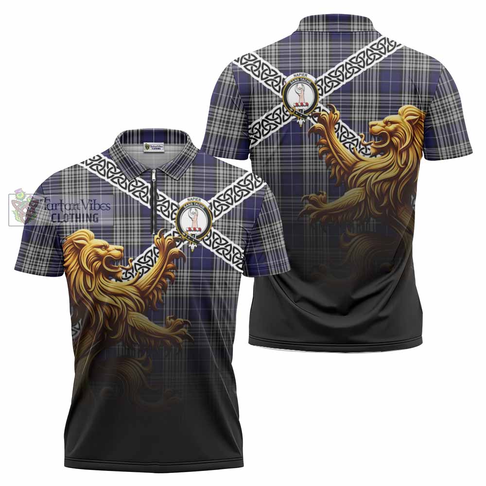 Tartan Vibes Clothing Napier Crest Tartan Zipper Polo Shirt with Golden Lion Emblem Celtic Style