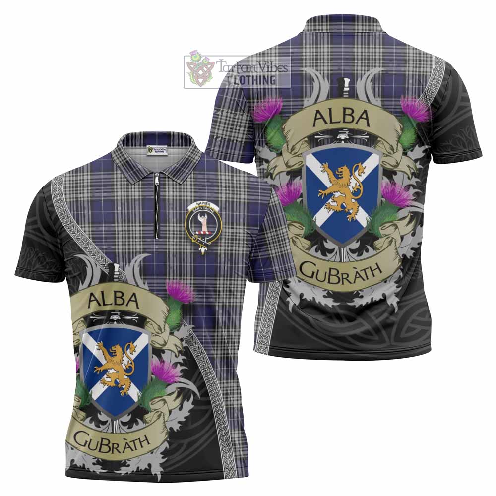 Tartan Vibes Clothing Napier Tartan Family Crest Zipper Polo Shirt Lion Rampant Royal Thistle Shield Celtic Inspired