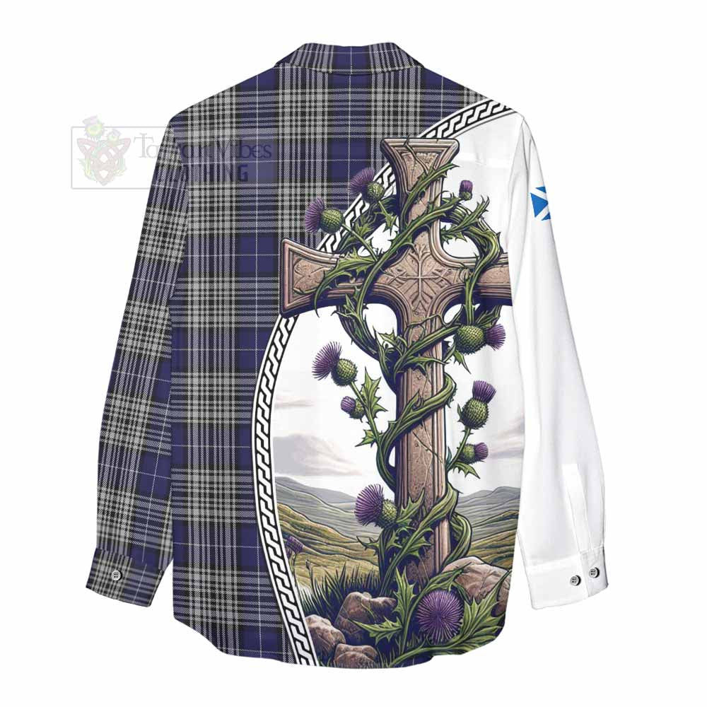 Tartan Vibes Clothing Napier Tartan Women's Casual Shirt with Family Crest and St. Andrew's Cross Accented by Thistle Vines
