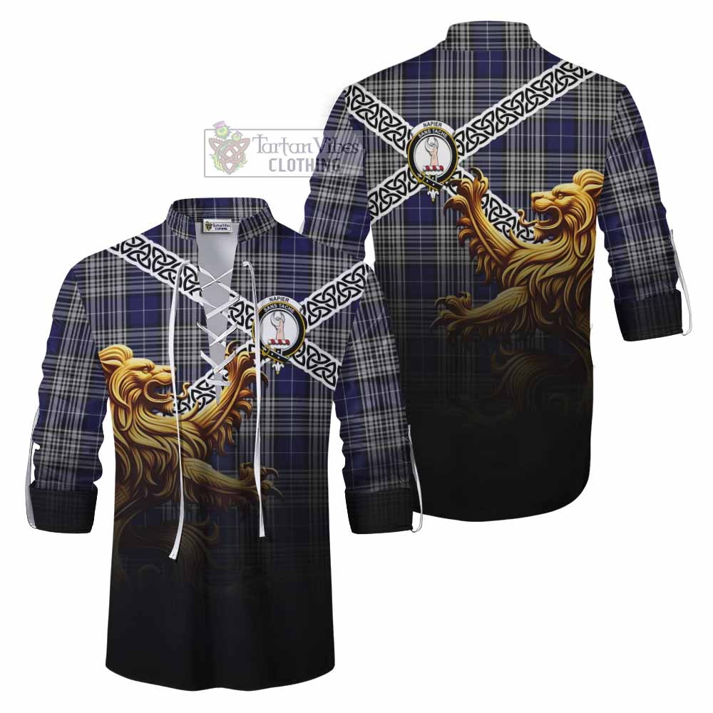 Tartan Vibes Clothing Napier Crest Tartan Ghillie Kilt Shirt with Golden Lion Emblem Celtic Style