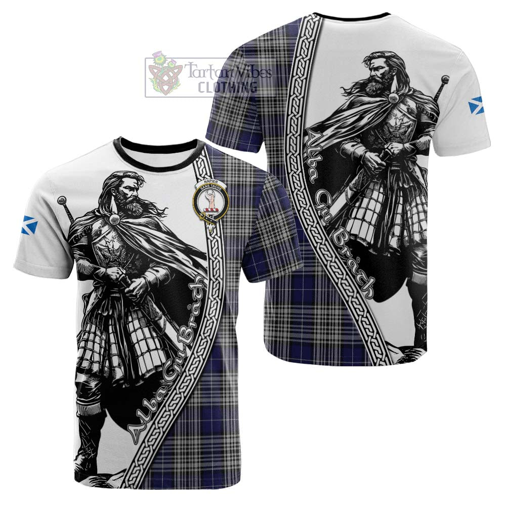 Napier Tartan Clan Crest Cotton T-shirt with Highlander Warrior Celtic Style
