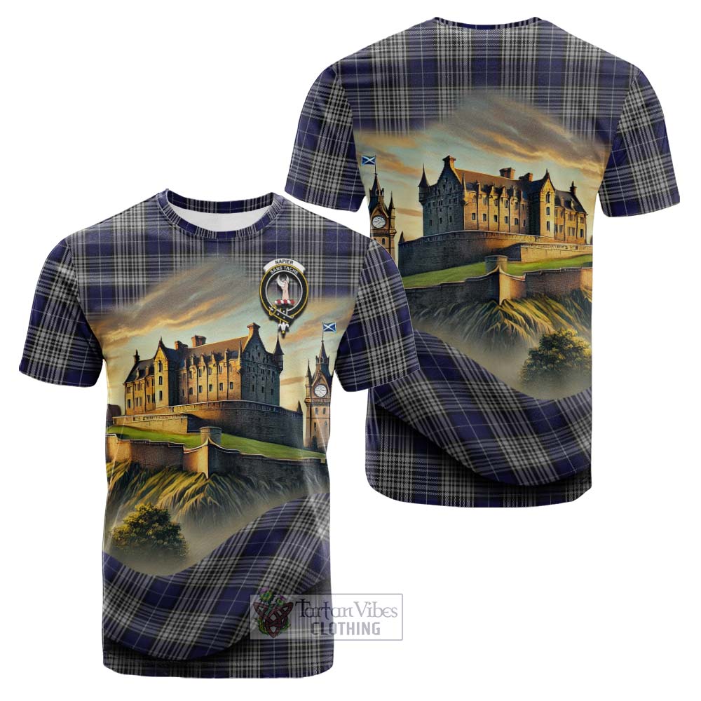 Tartan Vibes Clothing Napier Tartan Family Crest Cotton T-shirt with Scottish Ancient Castle Style