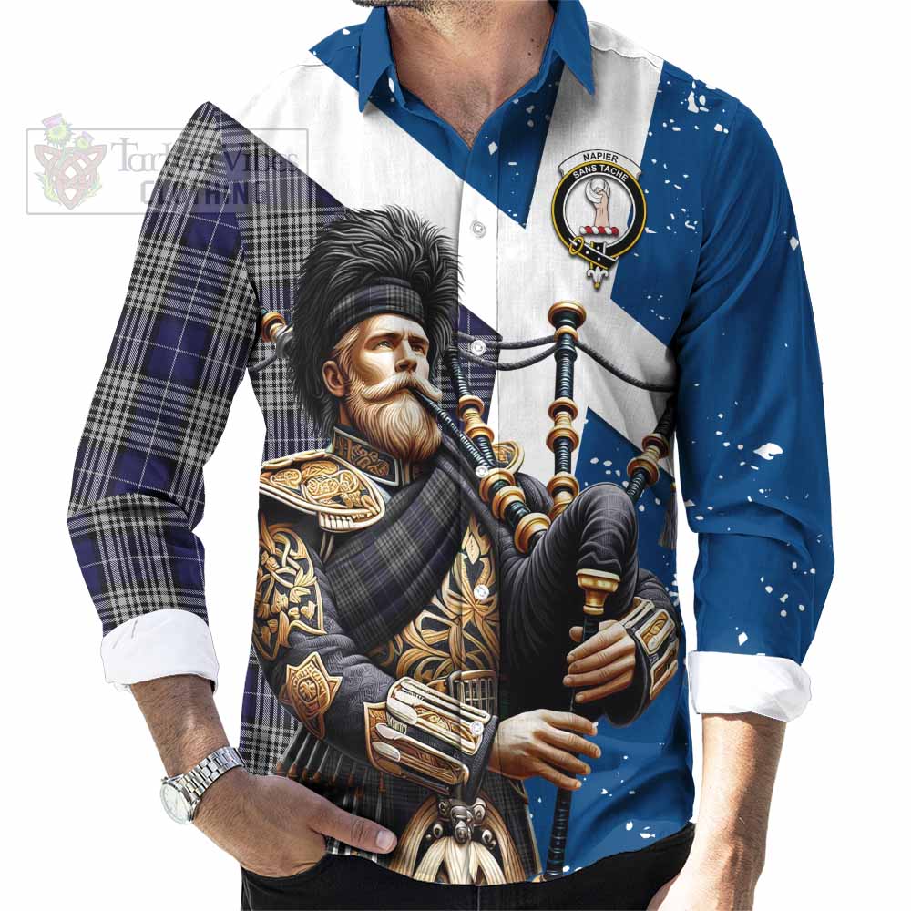 Tartan Vibes Clothing Napier Tartan Long Sleeve Button Shirt with Family Crest Scottish Bagpiper Vibes