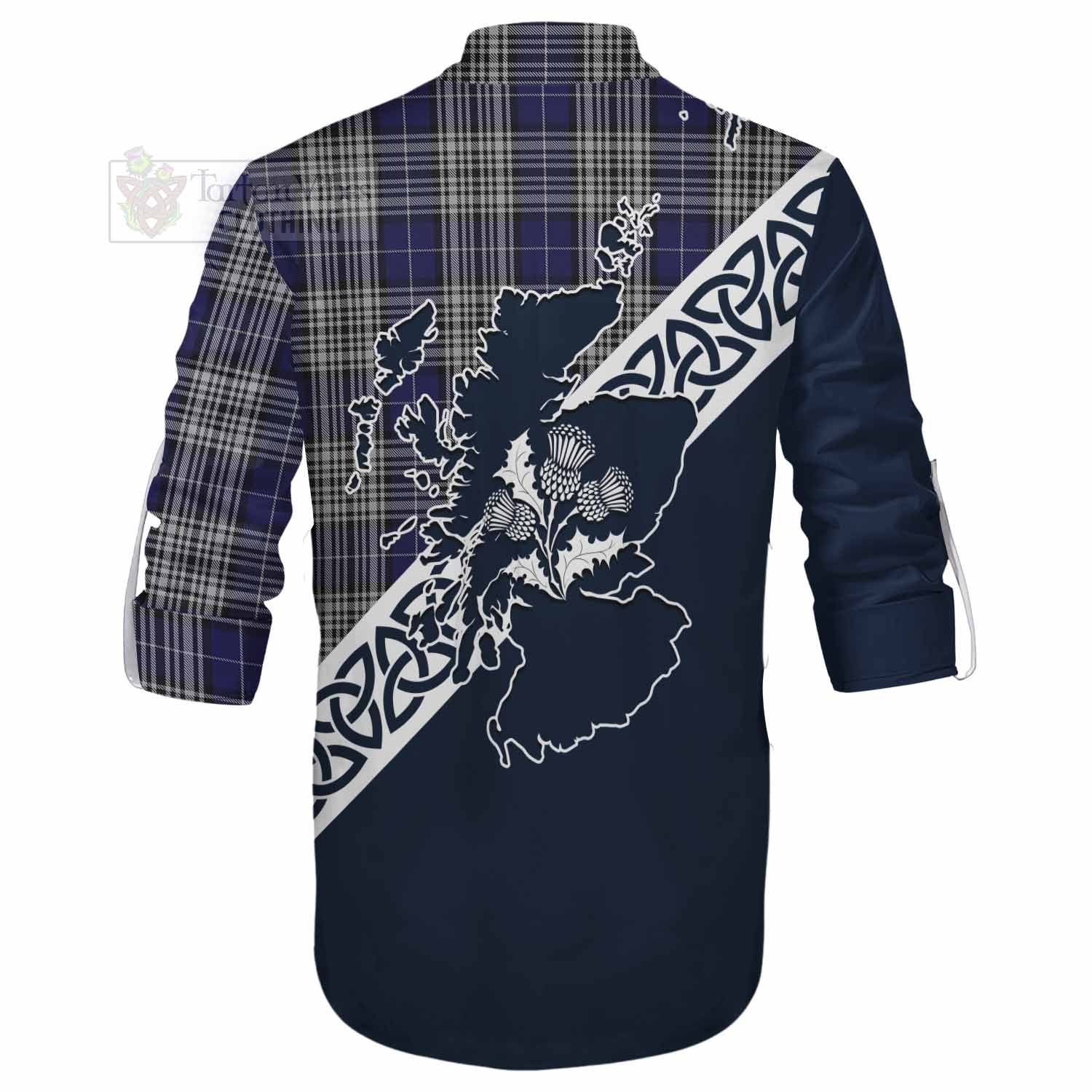 Tartan Vibes Clothing Napier Tartan Ghillie Kilt Shirt Featuring Thistle and Scotland Map