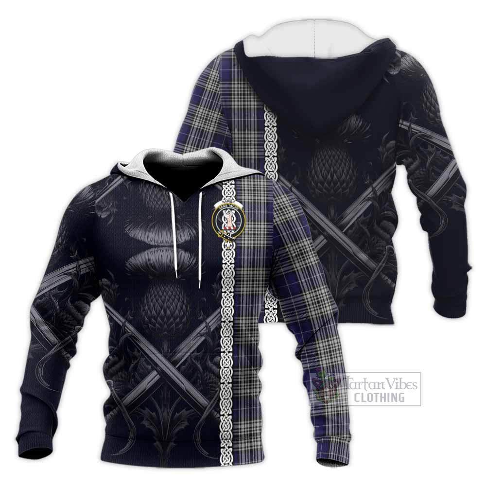 Tartan Vibes Clothing Napier Tartan Knitted Hoodie with Family Crest Cross Sword Thistle Celtic Vibes