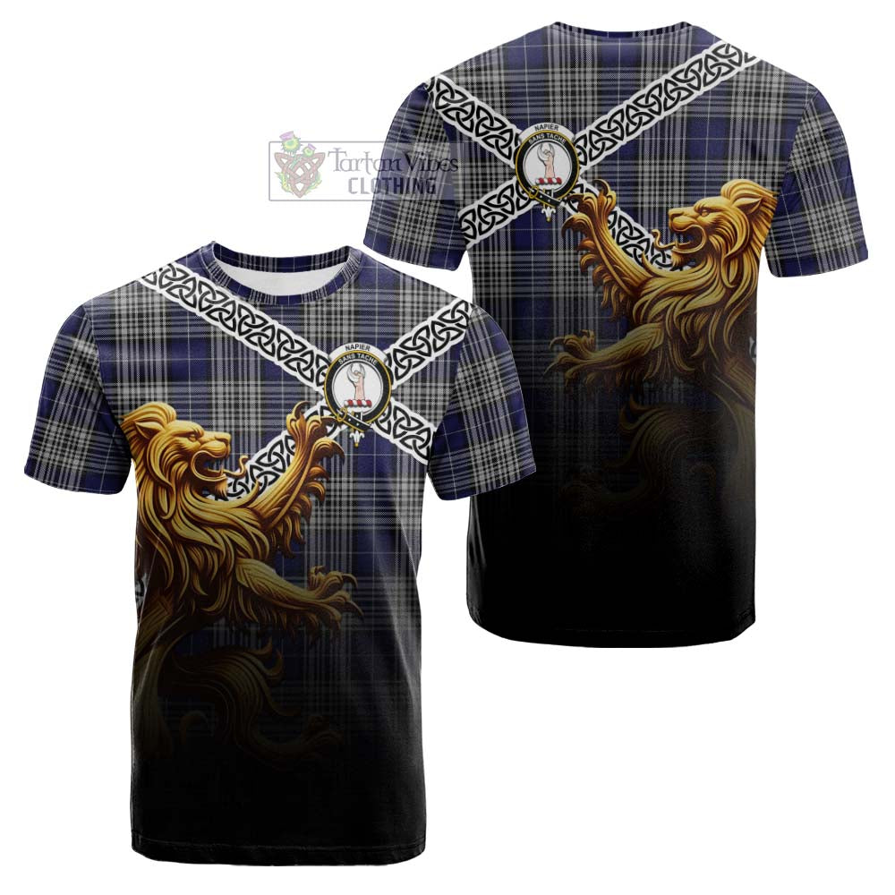 Tartan Vibes Clothing Napier Crest Tartan Cotton T-shirt with Golden Lion Emblem Celtic Style