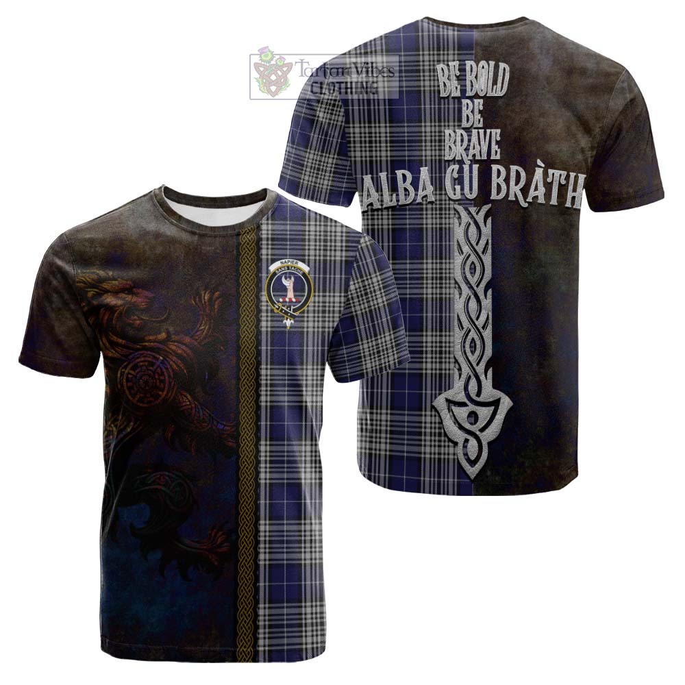 Tartan Vibes Clothing Napier Tartan Family Crest Cotton T-shirt Alba Gu Brath Be Brave Lion Ancient Style