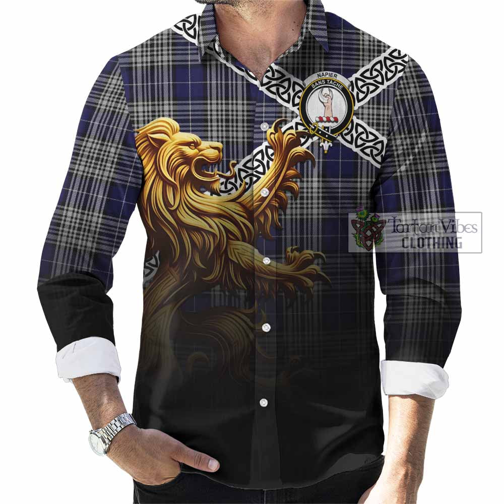 Tartan Vibes Clothing Napier Crest Tartan Long Sleeve Button Shirt with Golden Lion Emblem Celtic Style