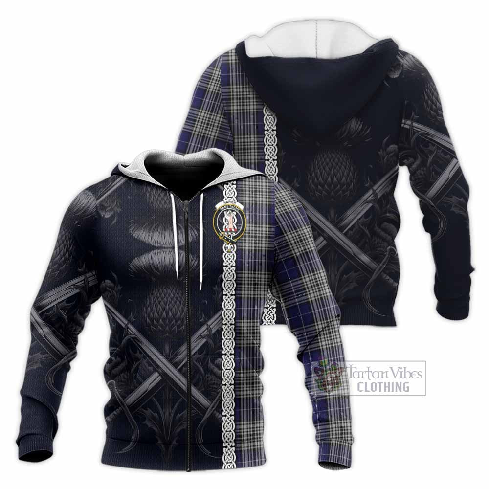 Tartan Vibes Clothing Napier Tartan Knitted Hoodie with Family Crest Cross Sword Thistle Celtic Vibes