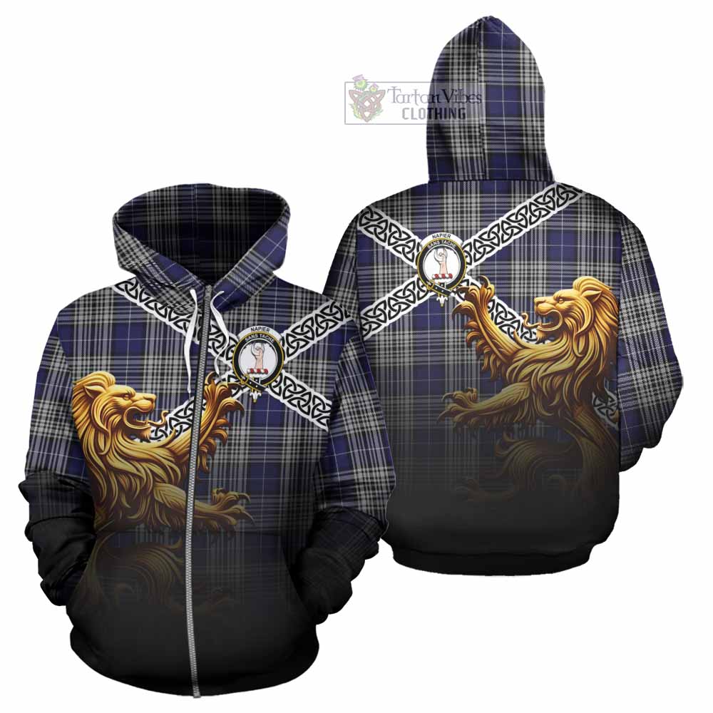 Tartan Vibes Clothing Napier Crest Tartan Hoodie with Golden Lion Emblem Celtic Style