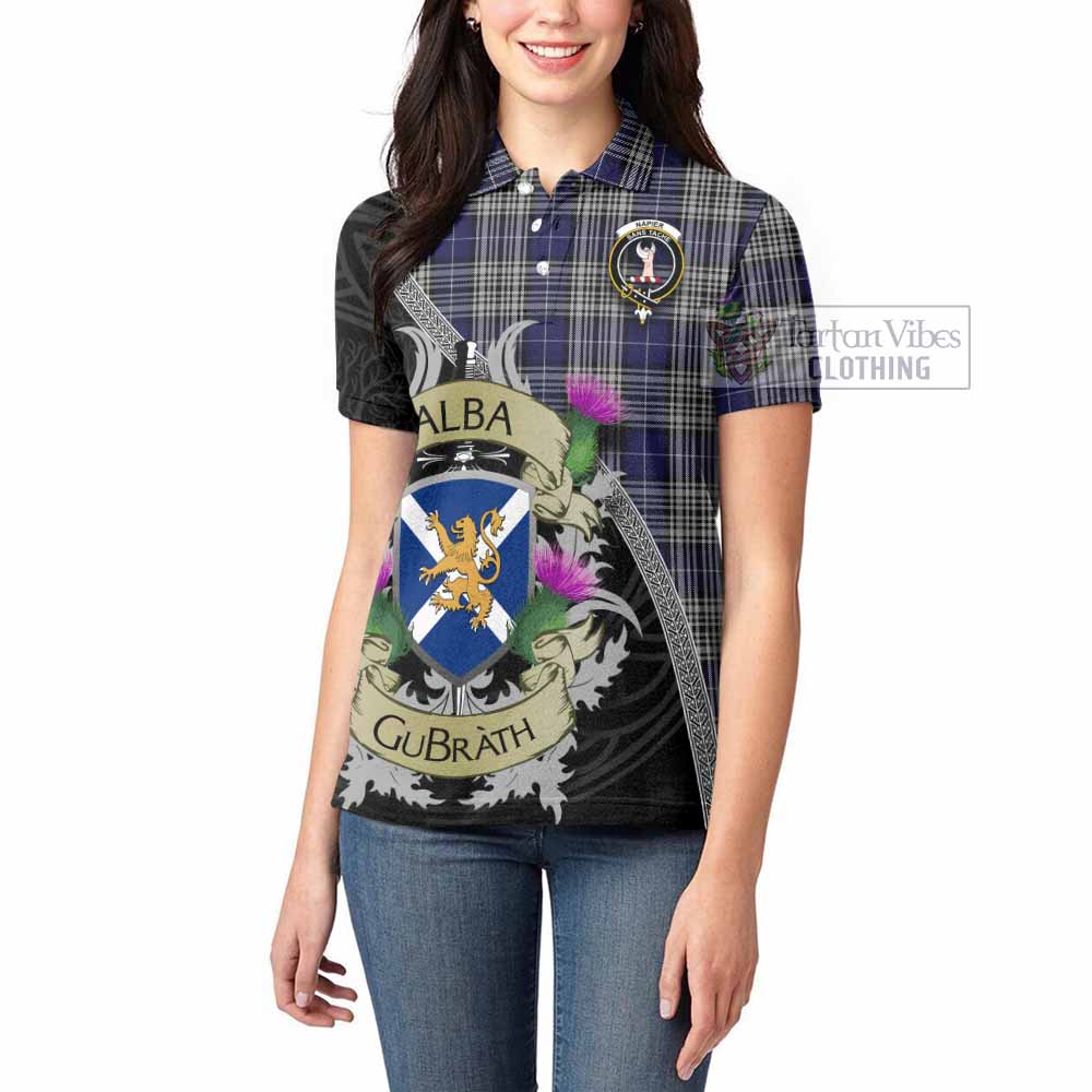 Tartan Vibes Clothing Napier Tartan Family Crest Women's Polo Shirt Lion Rampant Royal Thistle Shield Celtic Inspired