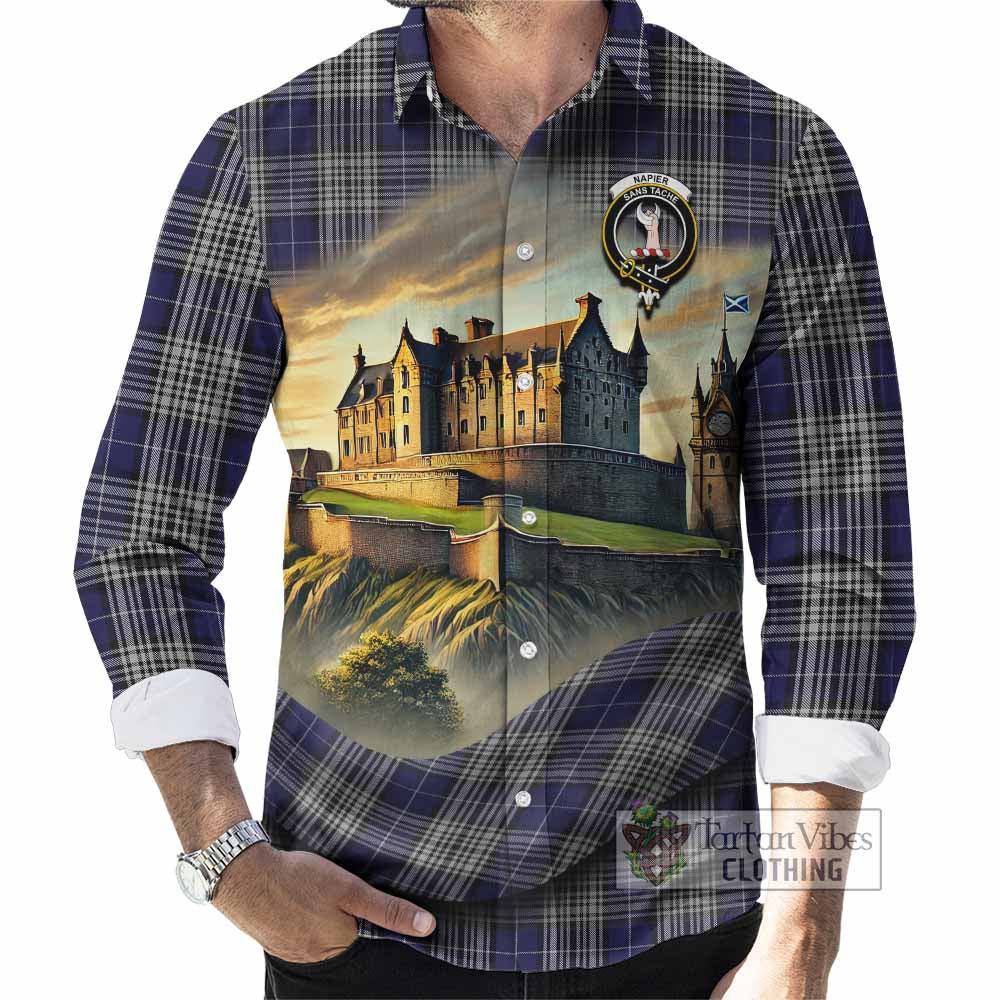 Tartan Vibes Clothing Napier Tartan Family Crest Long Sleeve Button Shirt with Scottish Ancient Castle Style
