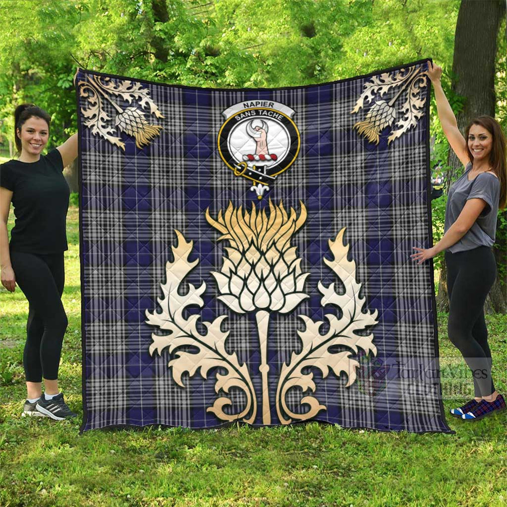 Tartan Vibes Clothing Napier Tartan Quilt with Family Crest and Golden Thistle Style