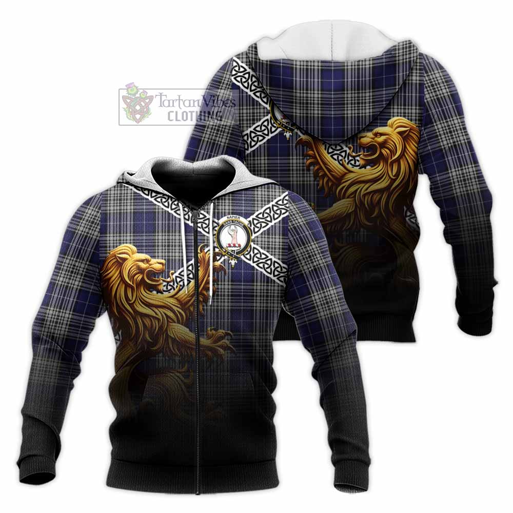 Tartan Vibes Clothing Napier Crest Tartan Knitted Hoodie with Golden Lion Emblem Celtic Style