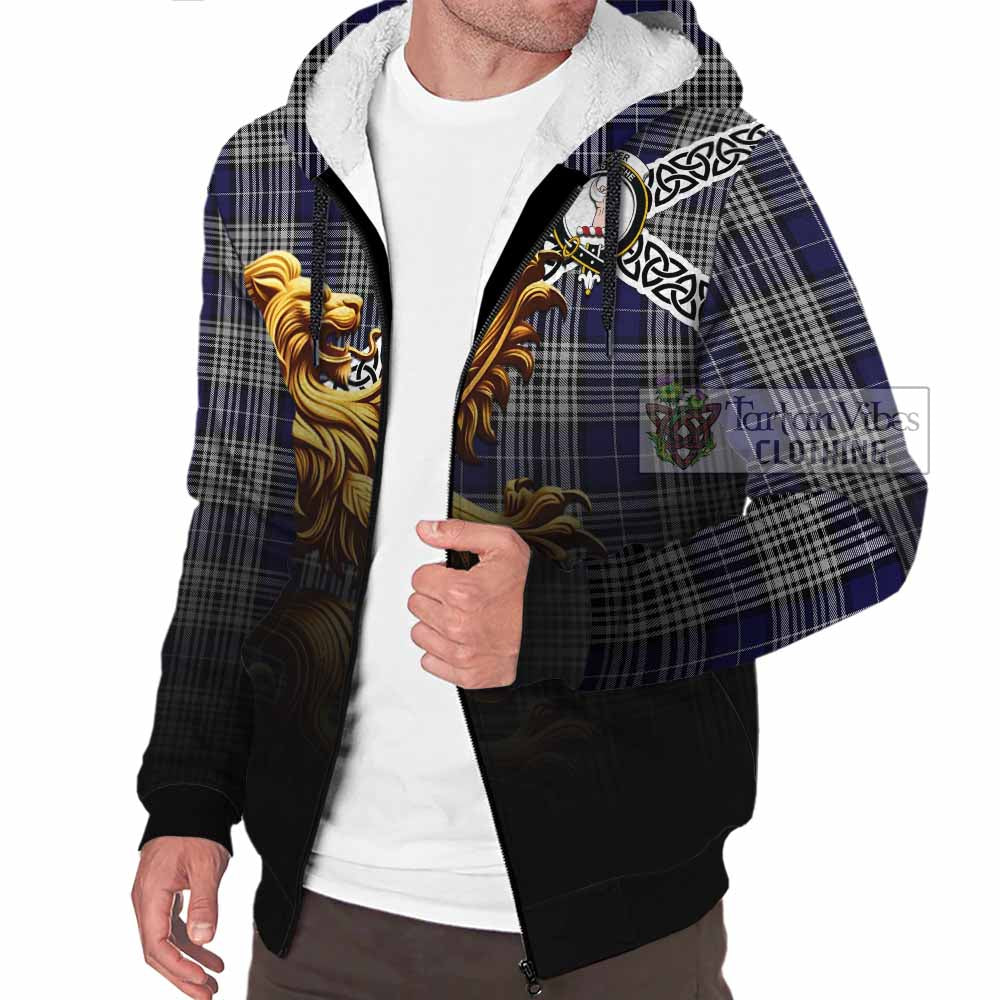 Tartan Vibes Clothing Napier Crest Tartan Sherpa Hoodie with Golden Lion Emblem Celtic Style