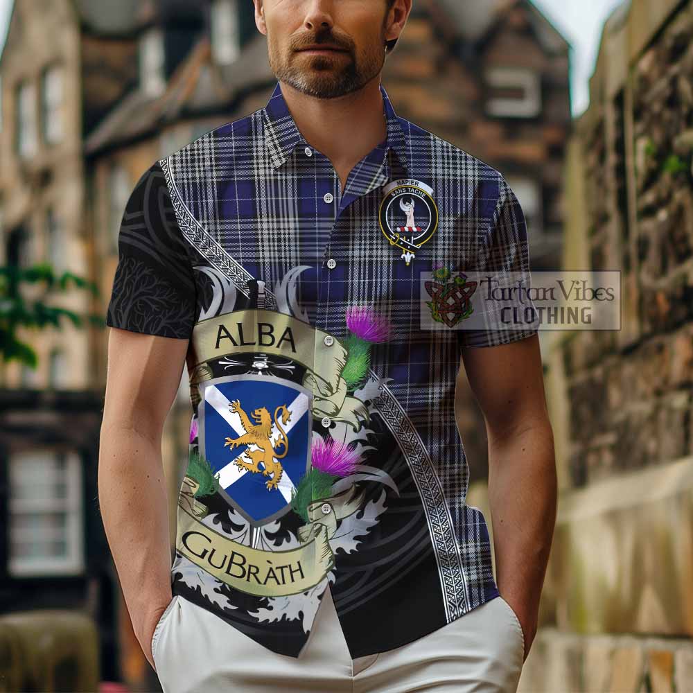 Tartan Vibes Clothing Napier Tartan Family Crest Short Sleeve Button Shirt Lion Rampant Royal Thistle Shield Celtic Inspired