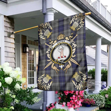 Napier Tartan Garden Flag with Family Crest and Golden Thistle Crossed Sword Design