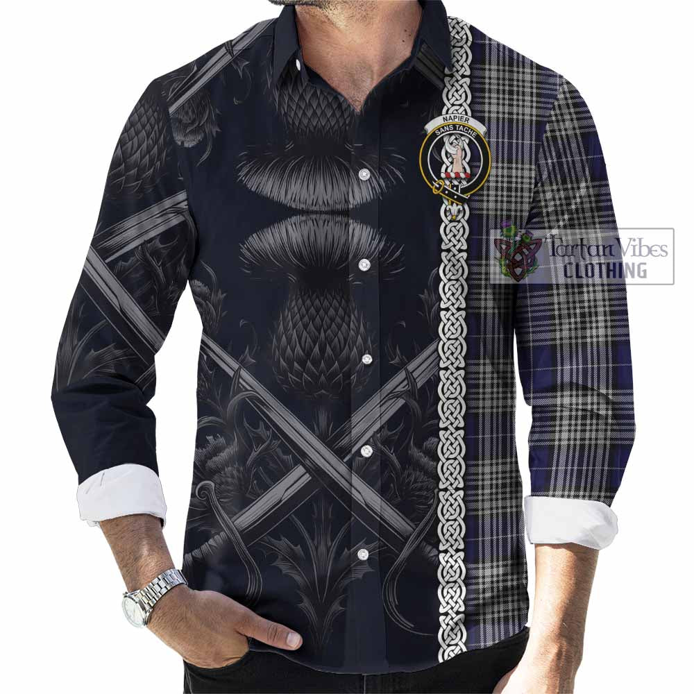 Tartan Vibes Clothing Napier Tartan Long Sleeve Button Shirt with Family Crest Cross Sword Thistle Celtic Vibes