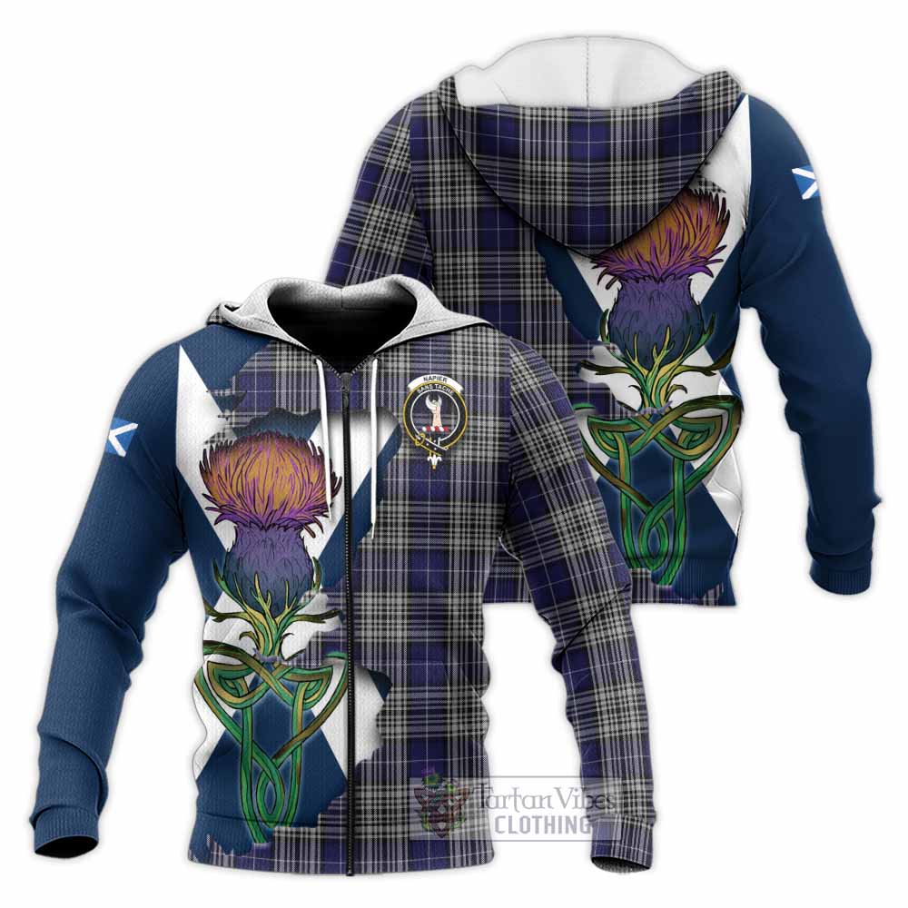 Tartan Vibes Clothing Napier Tartan Family Crest Knitted Hoodie Scottish Thistle Celtic Inspired